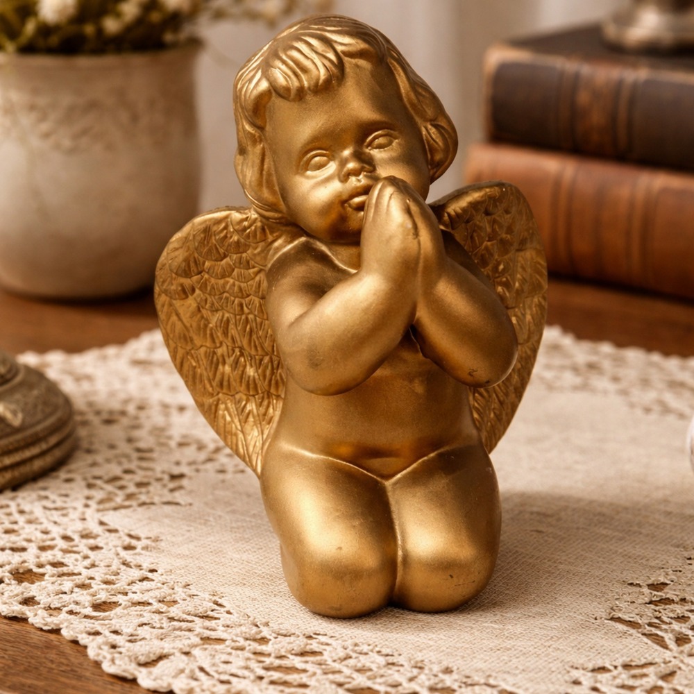 Vintage Caffco‎ Gold Kneeling Praying Angel Cherub Figurine Statue Christ Decor